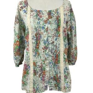 Art & Soul Women Peasant Top Blouse Cottagecore Boho Floral 3/4 Sleeve Medium